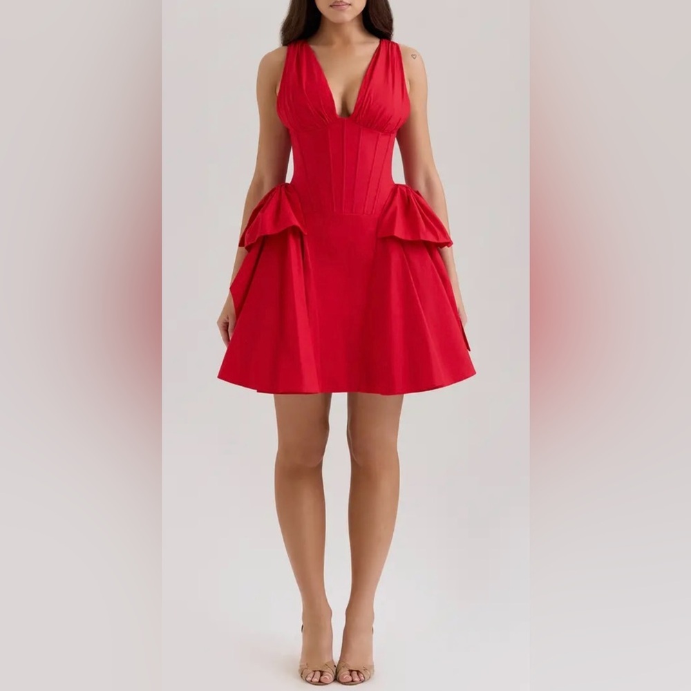 NWT House of CB Amalia Bow Side Stretch Cotton Red V neck Minidress SZ S